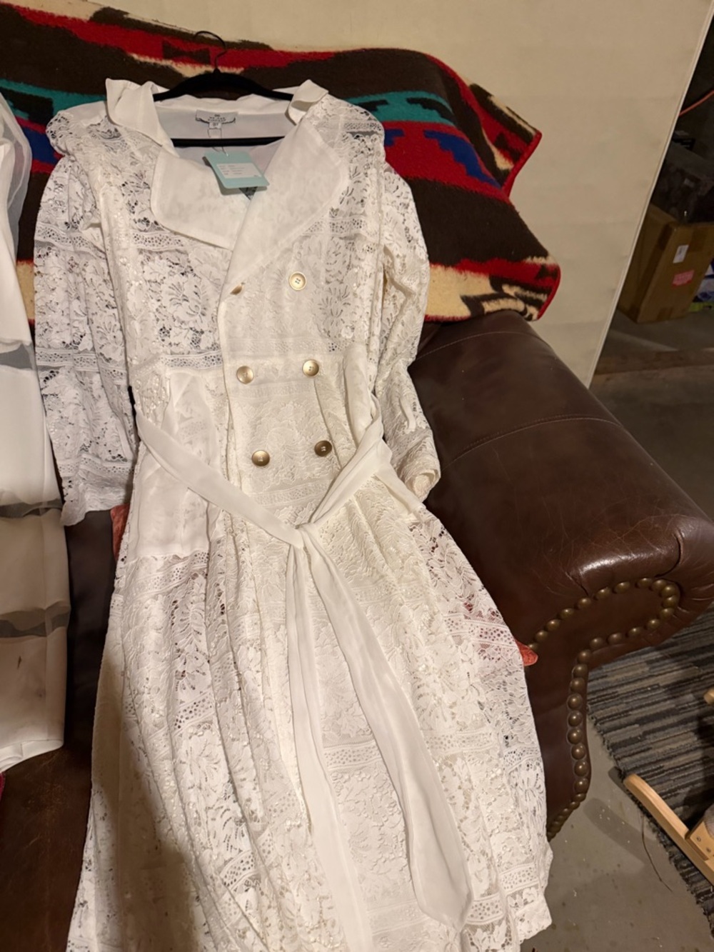 White Lace Trench Coat Dress with Gold Buttons